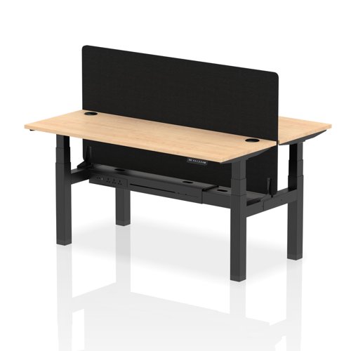 Air Back-to-Back 1600 x 600mm Height Adjustable 2 Person Office Bench Desk Maple Top with Cable Ports Black Frame with Black Straight Screen