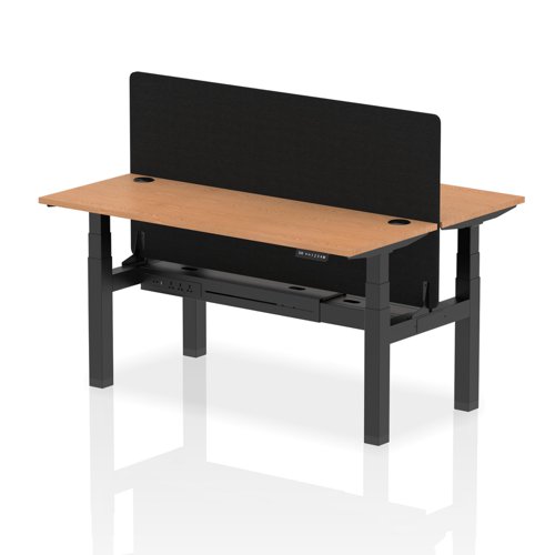 Air Back-to-Back 1600 x 600mm Height Adjustable 2 Person Office Bench Desk Oak Top with Cable Ports Black Frame with Black Straight Screen