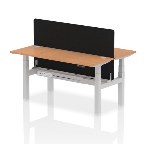 Air Back-to-Back 1600 x 600mm Height Adjustable 2 Person Office Bench Desk Oak Top with Cable Ports Silver Frame with Black Straight Screen