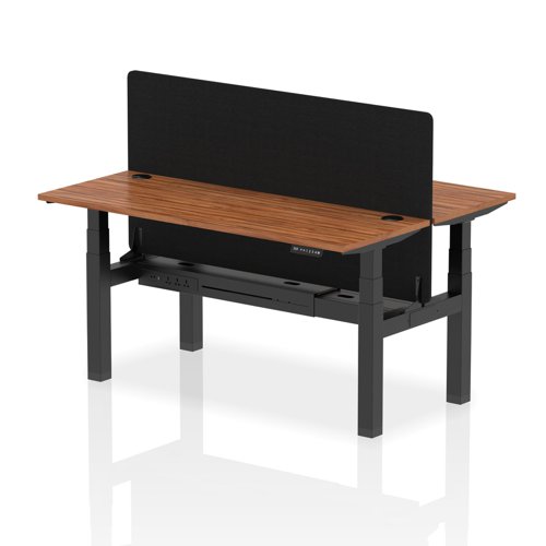 Air Back-to-Back 1600 x 600mm Height Adjustable 2 Person Office Bench Desk Walnut Top with Cable Ports Black Frame with Black Straight Screen