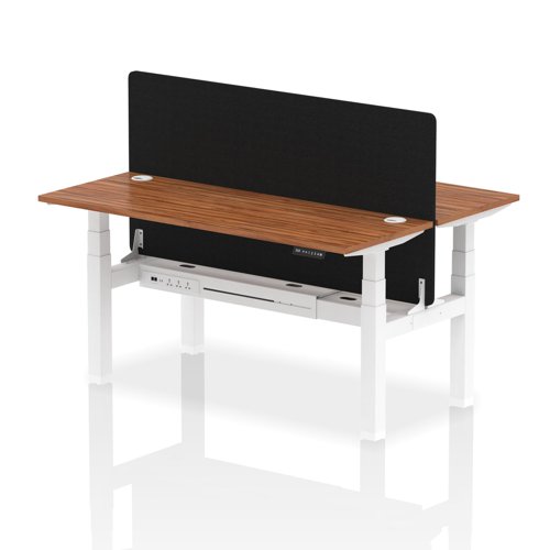 Air Back-to-Back 1600 x 600mm Height Adjustable 2 Person Bench Desk Walnut Top with Cable Ports White Frame with Black Straight Screen