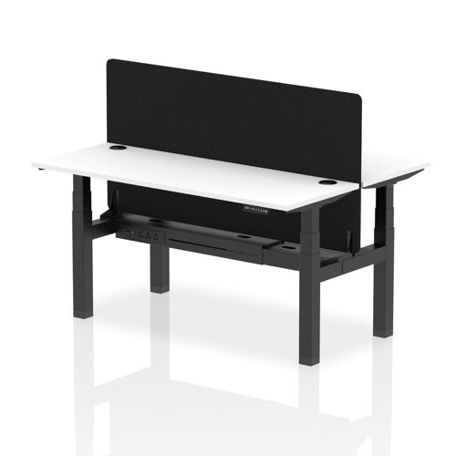 Air Back-to-Back 1600 x 600mm Height Adjustable 2 Person Office Bench Desk White Top with Cable Ports Black Frame with Black Straight Screen