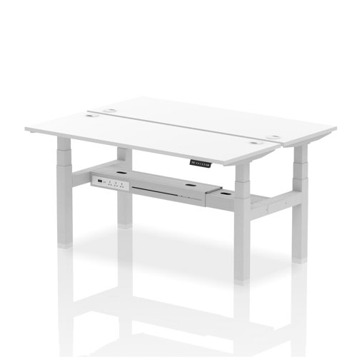 Air Back-to-Back 1600 x 600mm Height Adjustable 2 Person Bench Desk White Top with Cable Ports Silver Frame