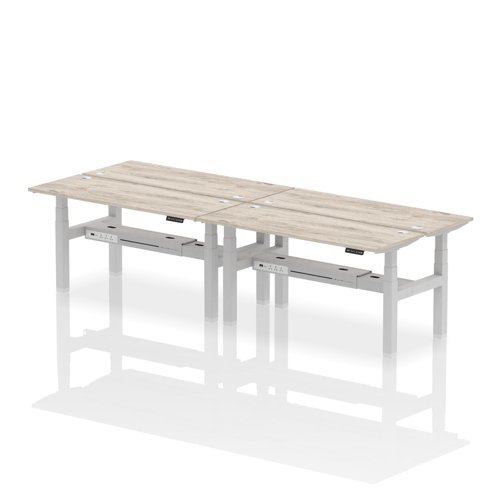 Air Back-to-Back 1600 x 600mm Height Adjustable 4 Person Bench Desk Grey Oak Top with Cable Ports Silver Frame