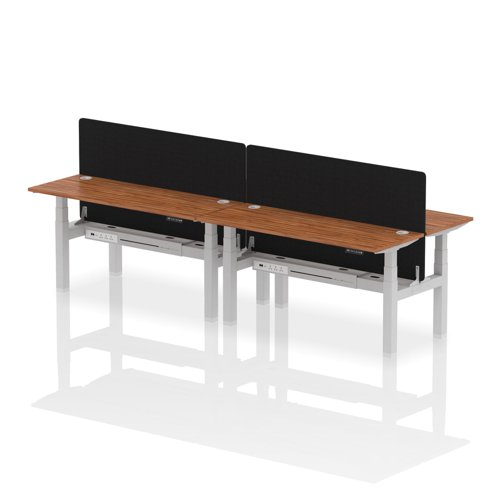 Air Back-to-Back 1600 x 600mm Height Adjustable 4 Person Bench Desk Walnut Top with Cable Ports Silver Frame with Black Straight Screen