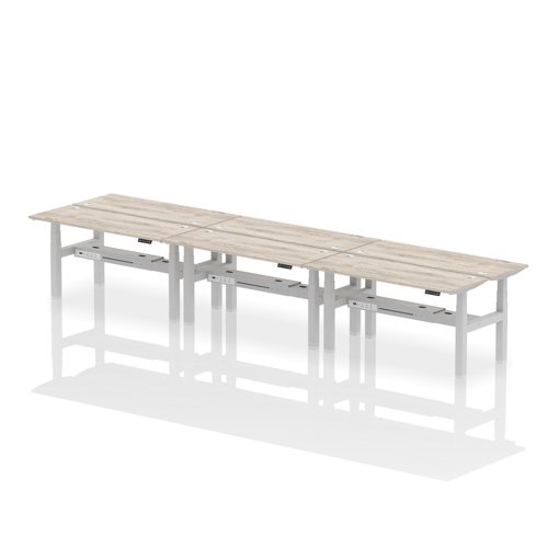 Air Back-to-Back 1600 x 600mm Height Adjustable 6 Person Bench Desk Grey Oak Top with Cable Ports Silver Frame