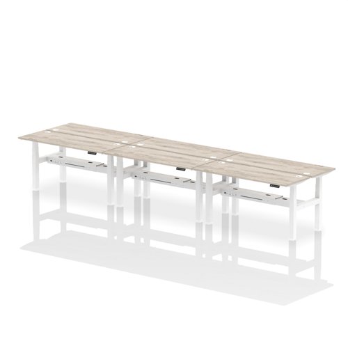 Air Back-to-Back 1600 x 600mm Height Adjustable 6 Person Bench Desk Grey Oak Top with Cable Ports White Frame