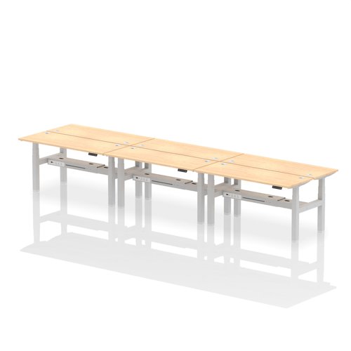 Air Back-to-Back 1600 x 600mm Height Adjustable 6 Person Bench Desk Maple Top with Cable Ports Silver Frame