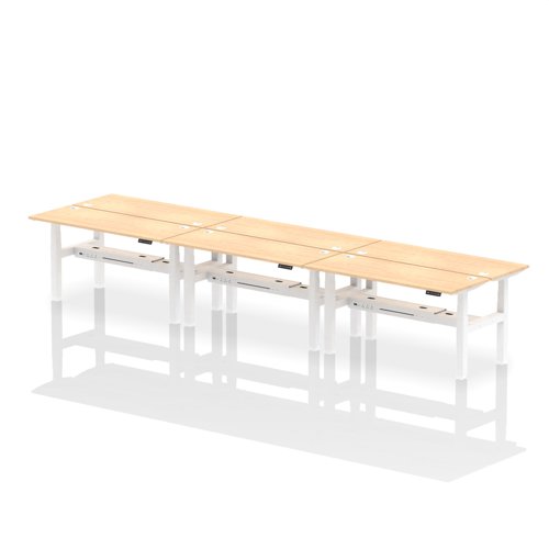 Air Back-to-Back 1600 x 600mm Height Adjustable 6 Person Bench Desk Maple Top with Cable Ports White Frame
