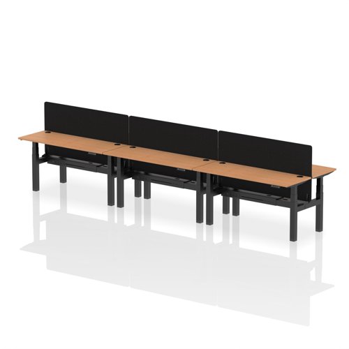 Air Back-to-Back 1600 x 600mm Height Adjustable 6 Person Office Bench Desk Oak Top with Cable Ports Black Frame with Black Straight Screen