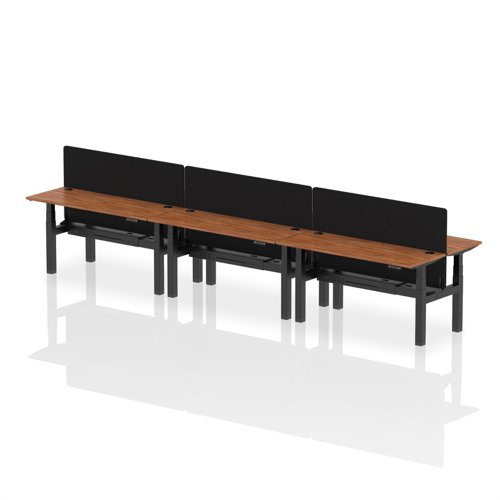 Air Back-to-Back 1600 x 600mm Height Adjustable 6 Person Office Bench Desk Walnut Top with Cable Ports Black Frame with Black Straight Screen