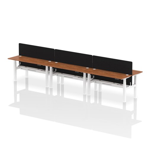 Air Back-to-Back 1600 x 600mm Height Adjustable 6 Person Office Bench Desk Walnut Top with Cable Ports White Frame with Black Straight Screen