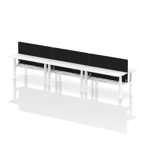 Air Back-to-Back 1600 x 600mm Height Adjustable 6 Person Office Bench Desk White Top with Cable Ports White Frame with Black Straight Screen