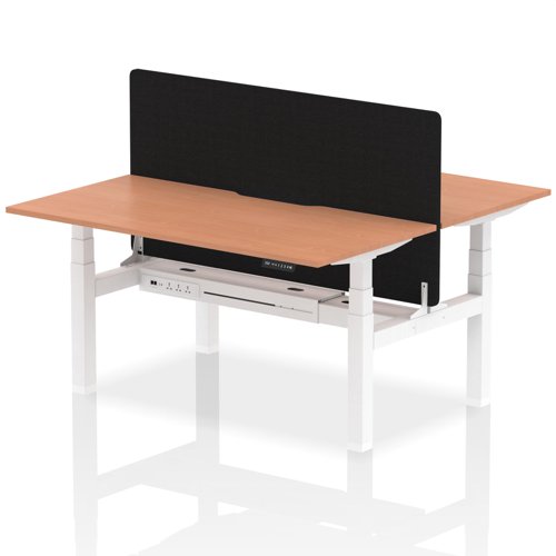 Air Back-to-Back 1600 x 800mm Height Adjustable 2 Person Office Bench Desk Beech Top with Scalloped Edge White Frame with Black Straight Screen