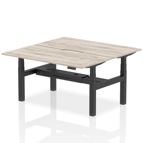 Air Back-to-Back 1600 x 800mm Height Adjustable 2 Person Office Bench Desk Grey Oak Top with Scalloped Edge Black Frame