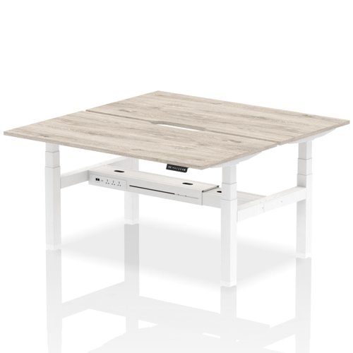 Air Back-to-Back 1600 x 800mm Height Adjustable 2 Person Office Bench Desk Grey Oak Top with Scalloped Edge White Frame