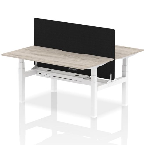 Air Back-to-Back 1600 x 800mm Height Adjustable 2 Person Office Bench Desk Grey Oak Top with Scalloped Edge White Frame with Black Straight Screen