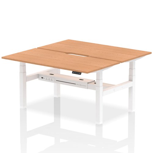Air Back-to-Back 1600 x 800mm Height Adjustable 2 Person Office Bench Desk Oak Top with Scalloped Edge White Frame