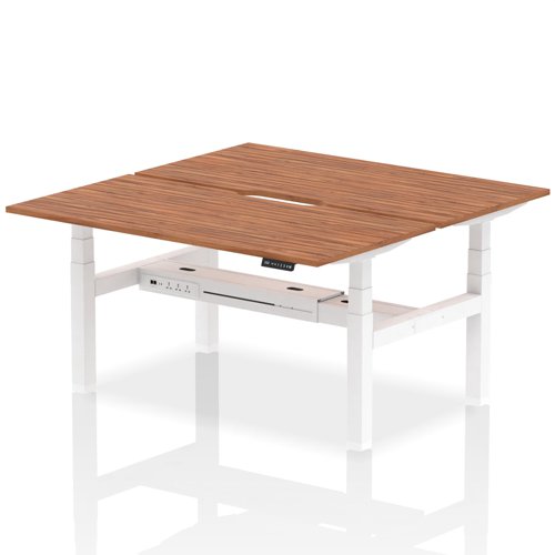 Air Back-to-Back 1600 x 800mm Height Adjustable 2 Person Office Bench Desk Walnut Top with Scalloped Edge White Frame