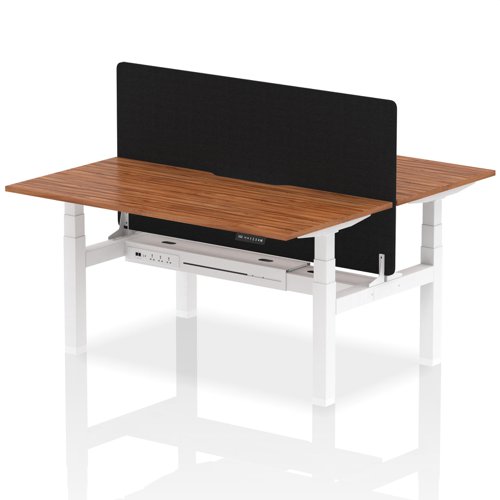 Air Back-to-Back 1600 x 800mm Height Adjustable 2 Person Bench Desk Walnut Top with Scalloped Edge White Frame with Black Straight Screen