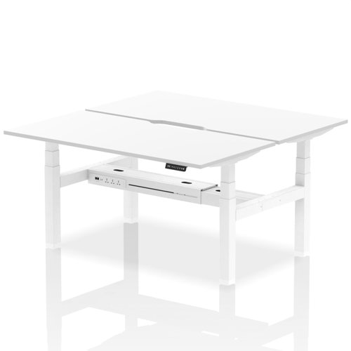 Air Back-to-Back 1600 x 800mm Height Adjustable 2 Person Office Bench Desk White Top with Scalloped Edge White Frame