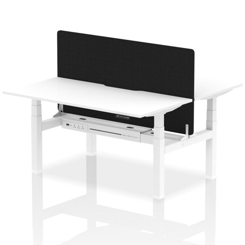 Air Back-to-Back 1600 x 800mm Height Adjustable 2 Person Office Bench Desk White Top with Scalloped Edge White Frame with Black Straight Screen