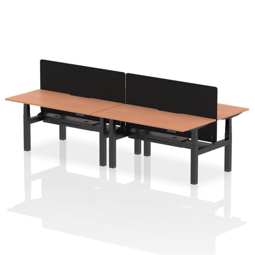 Air Back-to-Back 1600 x 800mm Height Adjustable 4 Person Office Bench Desk Beech Top with Scalloped Edge Black Frame with Black Straight Screen