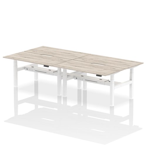 Air Back-to-Back 1600 x 800mm Height Adjustable 4 Person Office Bench Desk Grey Oak Top with Scalloped Edge White Frame