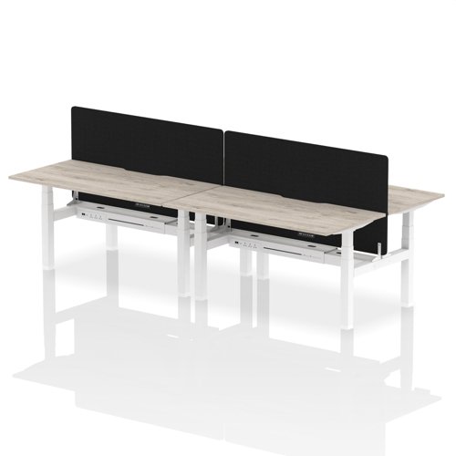 Air Back-to-Back 1600 x 800mm Height Adjustable 4 Person Office Bench Desk Grey Oak Top with Scalloped Edge White Frame with Black Straight Screen