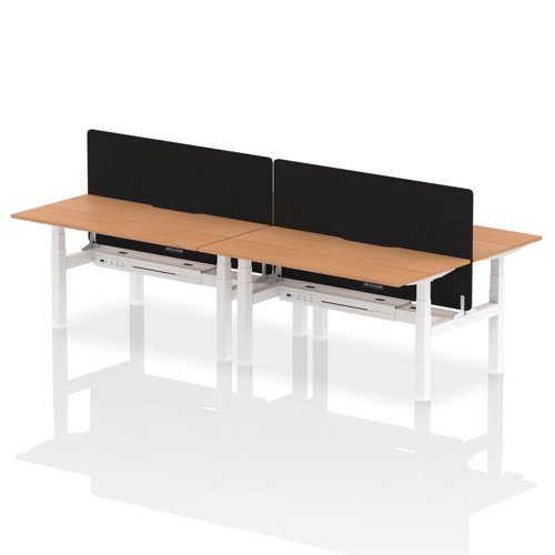 Air Back-to-Back 1600 x 800mm Height Adjustable 4 Person Office Bench Desk Oak Top with Scalloped Edge White Frame with Black Straight Screen