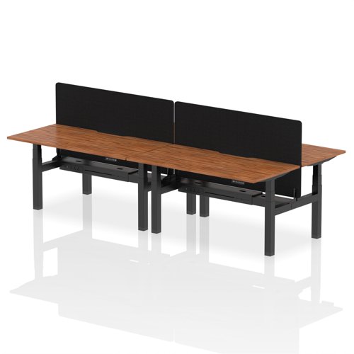 Air Back-to-Back 1600 x 800mm Height Adjustable 4 Person Office Bench Desk Walnut Top with Scalloped Edge Black Frame with Black Straight Screen