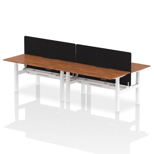 Air Back-to-Back 1600 x 800mm Height Adjustable 4 Person Office Bench Desk Walnut Top with Scalloped Edge White Frame with Black Straight Screen