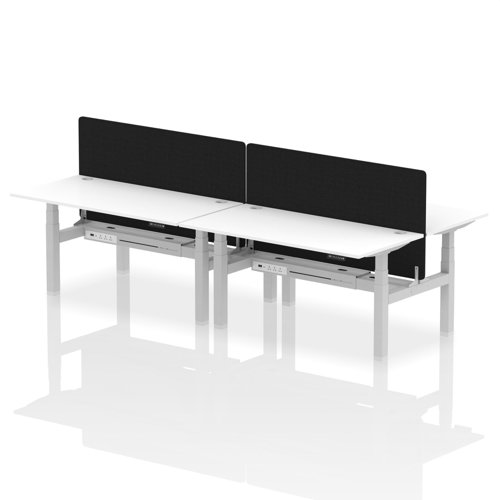 Air Back-to-Back 1600 x 800mm Height Adjustable 4 Person Office Bench Desk White Top with Cable Ports Silver Frame with Black Straight Screen