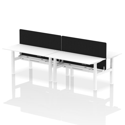 HA02423 | Elevate your office with the Air Back-to-Back Height Adjustable Desk for four, a blend of ergonomics and connectivity. Each desk includes two Ethernet ports, a USB and USB-C port, and three UK plugs, complemented by integrated cable ports for a clean setup. The addition of a dividing screen per duo offers privacy and focus. This desk is a perfect match for professionals seeking a tidy, tech-friendly, and adaptable workspace.