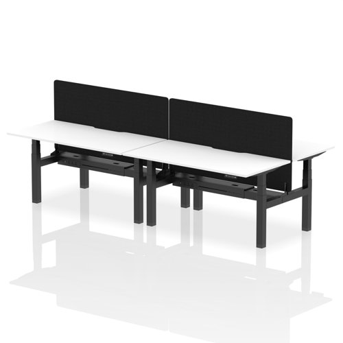 HA02425 | Experience cutting-edge collaboration with the Air Back-to-Back Height Adjustable Desk for four, featuring a unique scalloped edge design and a dividing screen per duo. Each desk is outfitted with two Ethernet ports, a USB port, a USB-C port, and three UK plugs, ensuring unparalleled connectivity. The adjustable height caters to ergonomic needs, making it perfect for dynamic teams who prioritize both style and functionality in their workspace.
