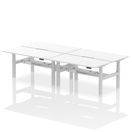 HA02426 | Elevate your team's workspace with the Air Back-to-Back Height Adjustable Desk for four. This workstation features stylish scalloped edging and is equipped with two Ethernet ports, a USB port, a USB-C port, and three UK plugs per desk, ensuring optimal connectivity. The adjustable height promotes ergonomic working positions. Designed for collaboration and efficiency, it's the perfect blend of aesthetics and functionality for the modern office.