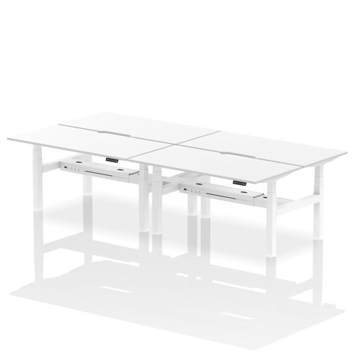 HA02428 | Elevate your team's workspace with the Air Back-to-Back Height Adjustable Desk for four. This workstation features stylish scalloped edging and is equipped with two Ethernet ports, a USB port, a USB-C port, and three UK plugs per desk, ensuring optimal connectivity. The adjustable height promotes ergonomic working positions. Designed for collaboration and efficiency, it's the perfect blend of aesthetics and functionality for the modern office.
