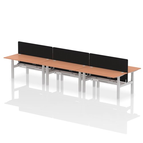HA02433 | Elevate your office with the Air Back-to-Back Height Adjustable Desk for six, a blend of ergonomics and connectivity. Each desk includes two Ethernet ports, a USB and USB-C port, and three UK plugs, complemented by integrated cable ports for a clean setup. The addition of a dividing screen per duo offers privacy and focus. This desk is a perfect match for professionals seeking a tidy, tech-friendly, and adaptable workspace.