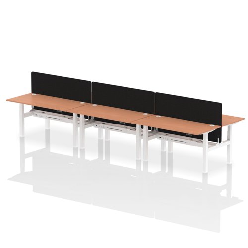 HA02435 | Elevate your office with the Air Back-to-Back Height Adjustable Desk for six, a blend of ergonomics and connectivity. Each desk includes two Ethernet ports, a USB and USB-C port, and three UK plugs, complemented by integrated cable ports for a clean setup. The addition of a dividing screen per duo offers privacy and focus. This desk is a perfect match for professionals seeking a tidy, tech-friendly, and adaptable workspace.