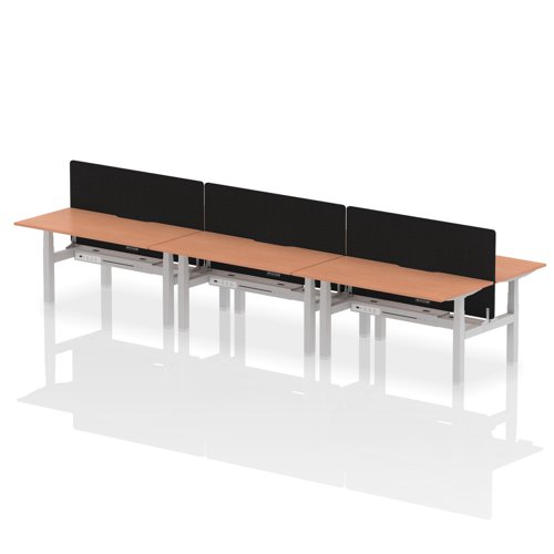 HA02439 | Experience cutting-edge collaboration with the Air Back-to-Back Height Adjustable Desk for six, featuring a unique scalloped edge design and a dividing screen per duo. Each desk is outfitted with two Ethernet ports, a USB port, a USB-C port, and three UK plugs, ensuring unparalleled connectivity. The adjustable height caters to ergonomic needs, making it perfect for dynamic teams who prioritize both style and functionality in their workspace.