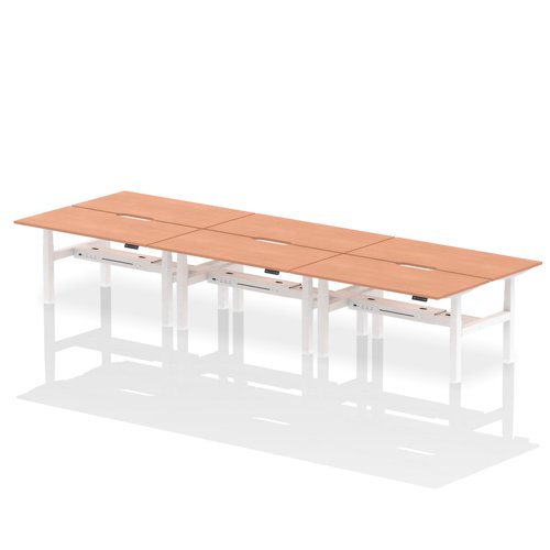 HA02440 | Elevate your team's workspace with the Air Back-to-Back Height Adjustable Desk for six. This workstation features stylish scalloped edging and is equipped with two Ethernet ports, a USB port, a USB-C port, and three UK plugs per desk, ensuring optimal connectivity. The adjustable height promotes ergonomic working positions. Designed for collaboration and efficiency, it's the perfect blend of aesthetics and functionality for the modern office.
