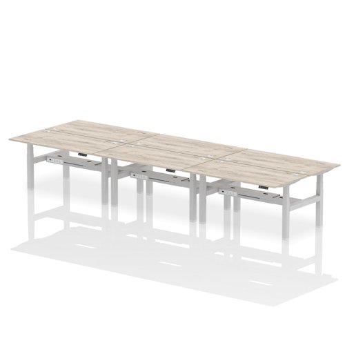 Air Back-to-Back 1600 x 800mm Height Adjustable 6 Person Bench Desk Grey Oak Top with Cable Ports Silver Frame