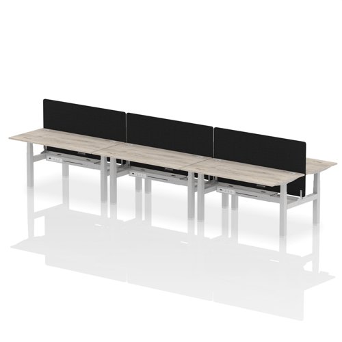 HA02445 | Elevate your office with the Air Back-to-Back Height Adjustable Desk for six, a blend of ergonomics and connectivity. Each desk includes two Ethernet ports, a USB and USB-C port, and three UK plugs, complemented by integrated cable ports for a clean setup. The addition of a dividing screen per duo offers privacy and focus. This desk is a perfect match for professionals seeking a tidy, tech-friendly, and adaptable workspace.