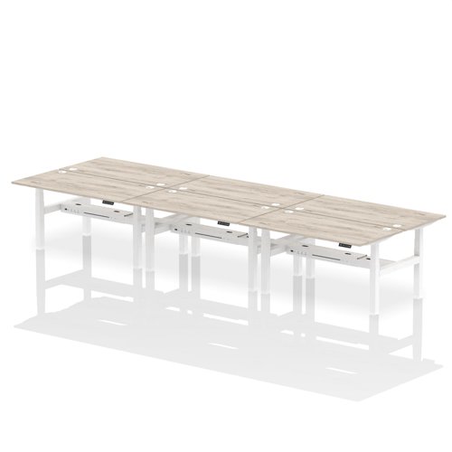 Air Back-to-Back 1600 x 800mm Height Adjustable 6 Person Bench Desk Grey Oak Top with Cable Ports White Frame