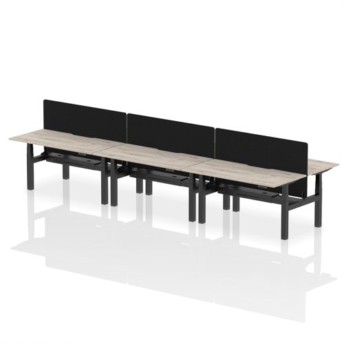 Air Back-to-Back 1600 x 800mm Height Adjustable 6 Person Bench Desk Grey Oak Top with Scalloped Edge Black Frame with Black Straight Screen