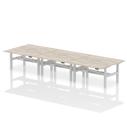 Air Back-to-Back 1600 x 800mm Height Adjustable 6 Person Bench Desk Grey Oak Top with Scalloped Edge Silver Frame