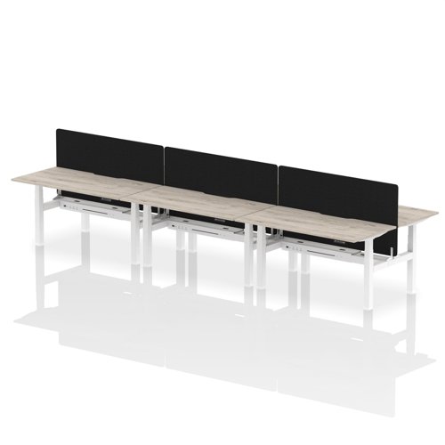 Air Back-to-Back 1600 x 800mm Height Adjustable 6 Person Bench Desk Grey Oak Top with Scalloped Edge White Frame with Black Straight Screen