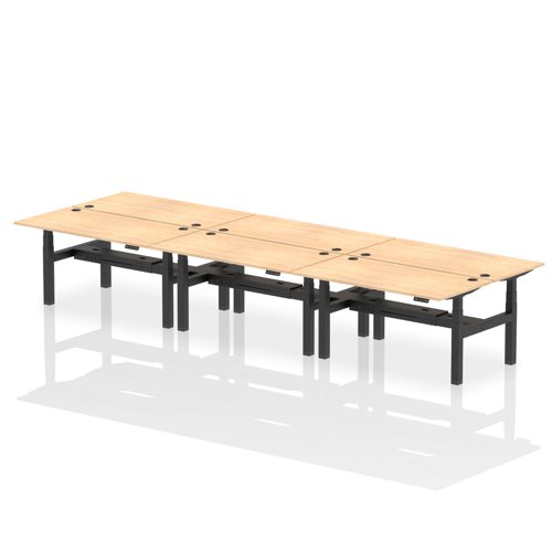 Air Back-to-Back 1600 x 800mm Height Adjustable 6 Person Bench Desk Maple Top with Cable Ports Black Frame