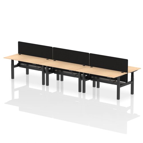 Air Back-to-Back 1600 x 800mm Height Adjustable 6 Person Bench Desk Maple Top with Cable Ports Black Frame with Black Straight Screen