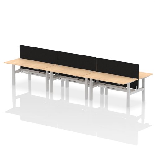HA02457 | Elevate your office with the Air Back-to-Back Height Adjustable Desk for six, a blend of ergonomics and connectivity. Each desk includes two Ethernet ports, a USB and USB-C port, and three UK plugs, complemented by integrated cable ports for a clean setup. The addition of a dividing screen per duo offers privacy and focus. This desk is a perfect match for professionals seeking a tidy, tech-friendly, and adaptable workspace.